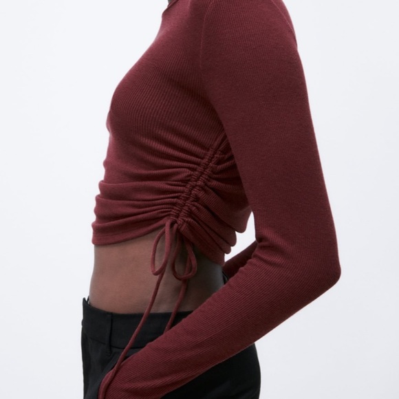 ZARA RIBBED GATHER DETAIL TOP Burgundy - Picture 5 of 12